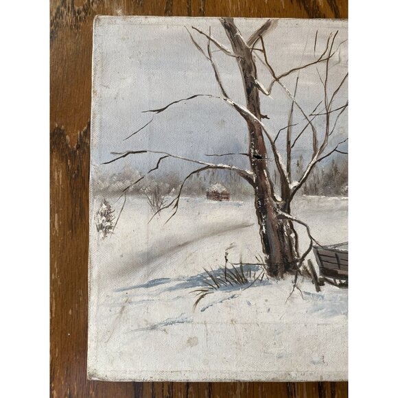 Vintage Winter Landscape Canvas Painting With Barn & Wagon Scene - Picture 2 of 8